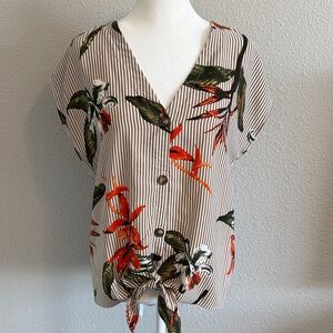 Sienna Sky Striped Floral Button-Down Tie Front Blouse